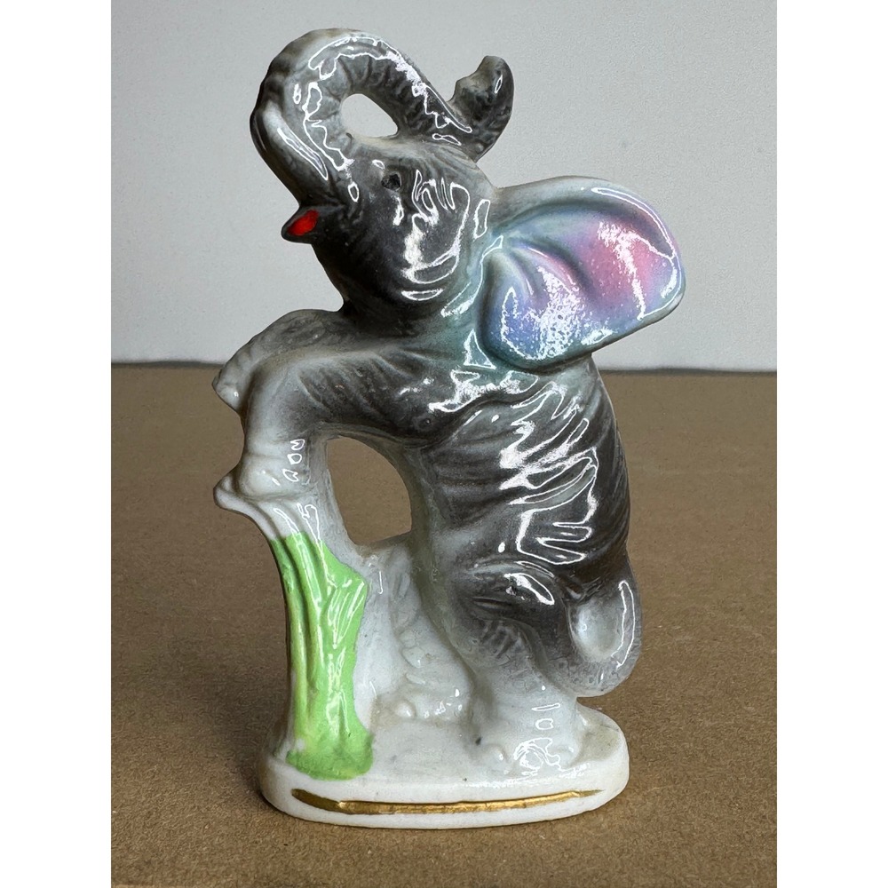Vintage Ceramic Elephant Figurine Japan Miniature Trunk Up Collectible Decor